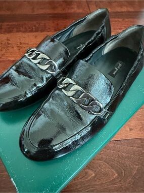Paul Green Black Patent Leather Chain-Trim Loafers